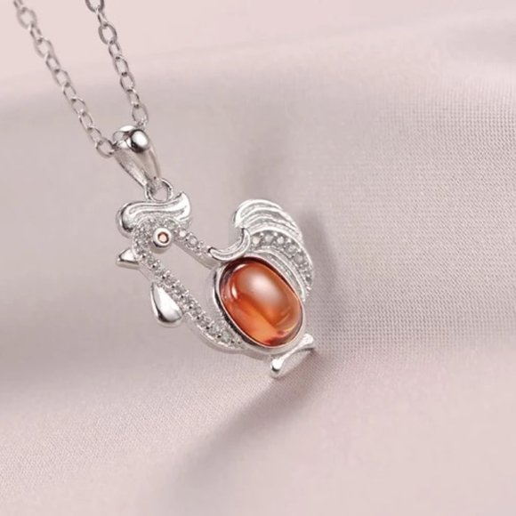 14k Gold Natural Garnet Diamonds Chicken Sterling Silver Necklace - Picture 6 of 10